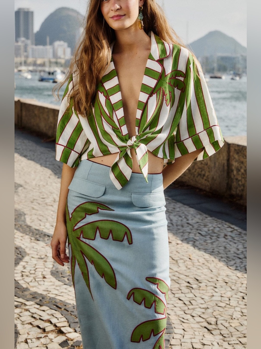 FARM RIO Green Spring Stripes Embroidered Crop Top